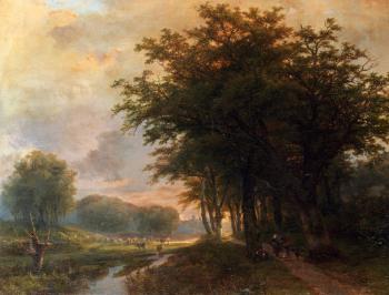Johann Bernard Klombeck : A Wooded River Valley With Peasants On A Path